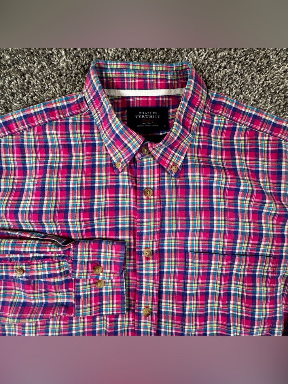 Charles Tyrwhitt Men Large Cotton Linen Pink Plaid Long Sleeve Button Down Shirt